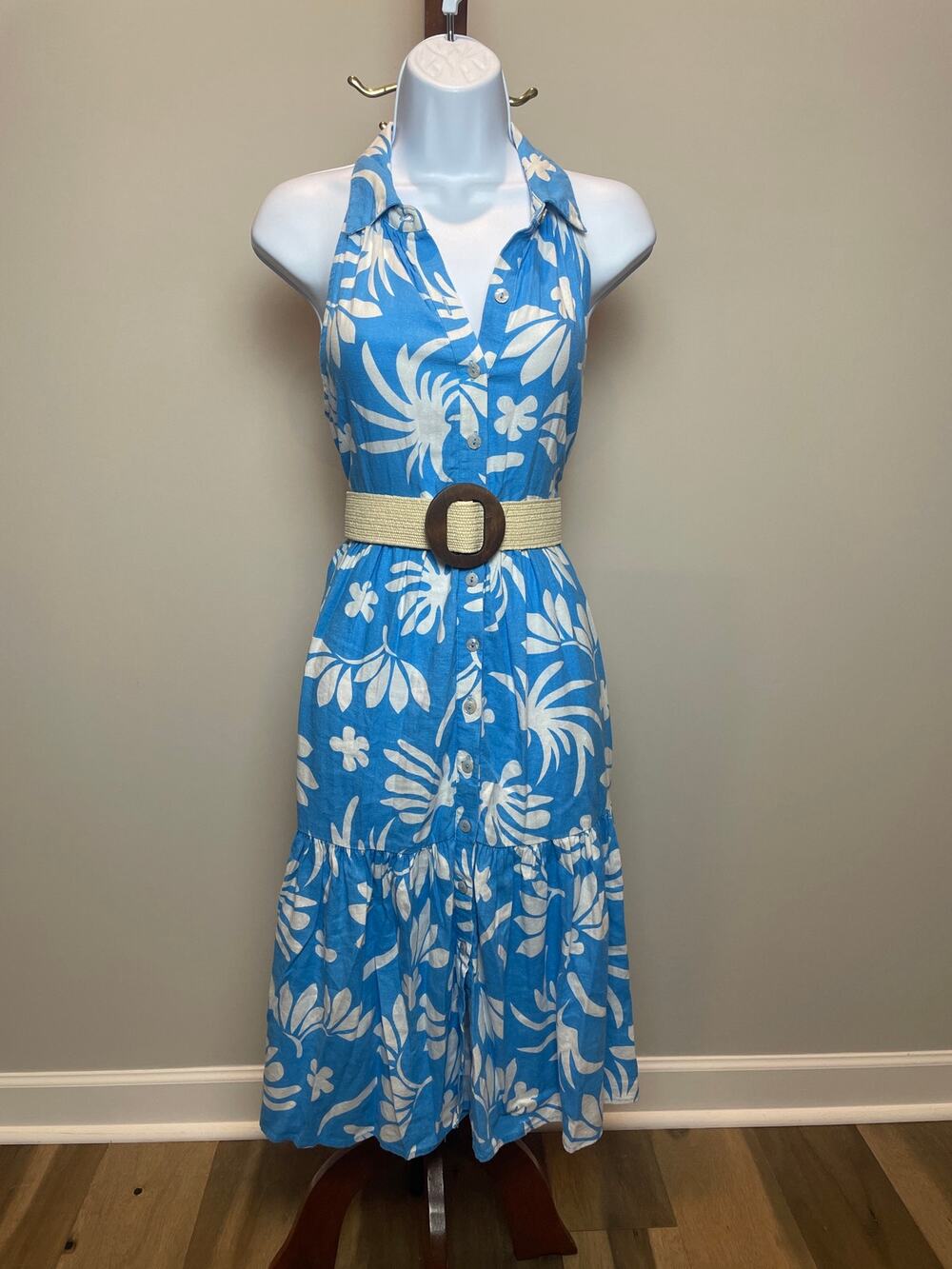 Nicole Miller Linen‑Blend Blue Floral Button‑Front Dress Size XS Loose Fit